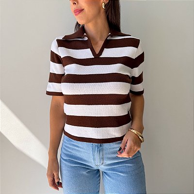 Blusa Polo Beatriz Listrada Marrom