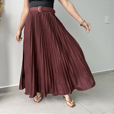 Saia Suede Plissada Vanessa Marsala