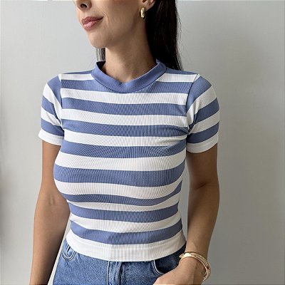 Blusa Tami Listrada Manga Curta Azul