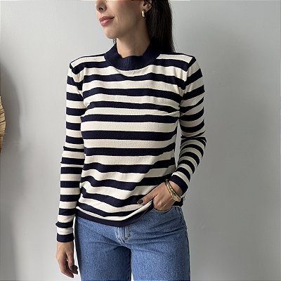Blusa Listrada Manga Longa Fabí Azul