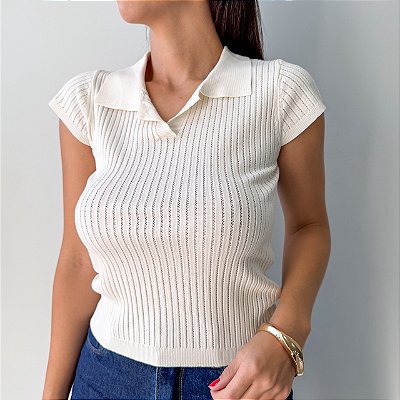 Blusa Tricot Polo Manga Curta Off White