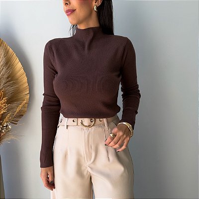 Blusa Modal Marcela Manga Longa Marrom Escura