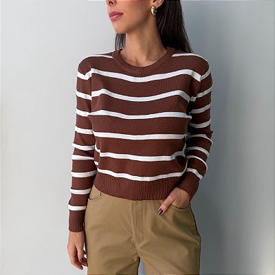 Blusa Manga Longa Listrada Marrom Clara