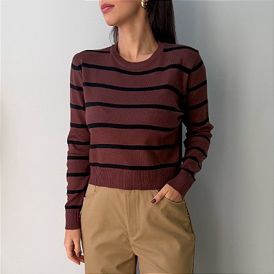 Blusa Manga Longa Listrada Marrom Escura