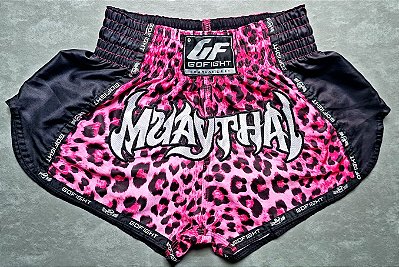 Short Muay Thai Estilo Tailandês Pink Leopard Go Fight