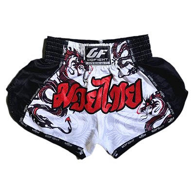 Short Muay Thai Estilo Tailandês Go Fight Dragon White