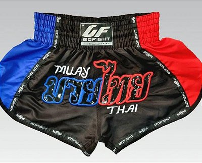 Short Muay Thai Estilo Tailandês Go Fight Blue n Red