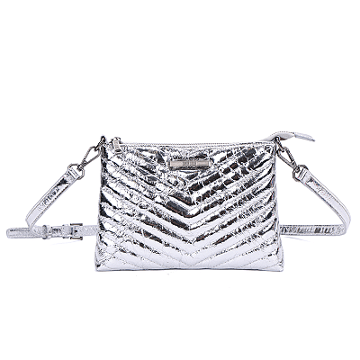 Bolsa Pequena Material Metal Crinkle Prata Alça Transversal