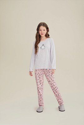 Pijama infantil feminino manga longa com calça estampada.