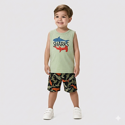 Conjunto Infantil Menino Kyly Tubarão Regata e Bermuda 100% Algodão
