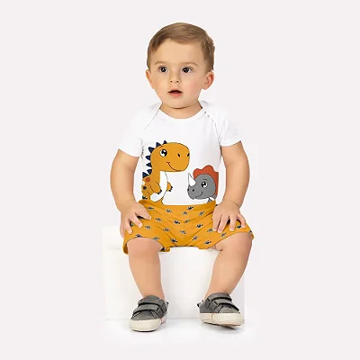 Conjunto Bebê Menino Kyly Dinossauro Body e Bermuda 100% Algodão