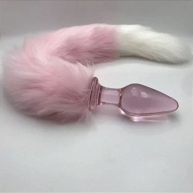 Plug Anal de Vidro com Rabo Branco e Rosa