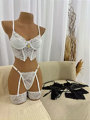 Conjunto Trio Manuella - Cropped , Calcinha e Liga com Persex