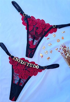 Calcinha Rubi - Fio Dental Tule Pétala Vermelho com Preto