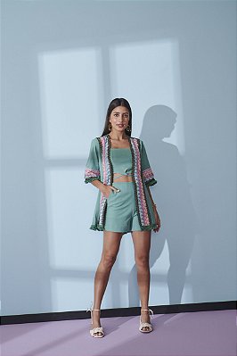 Kimono com Aplicações Rústicas Verde Menta