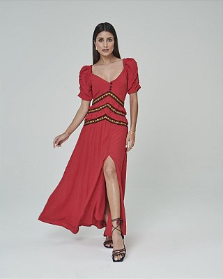 Vestido Longo Feminino Rústico c/ Manga Bufante Vermelho Cereja