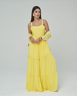 Vestido Longo Feminino Franzido Amarelo
