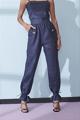 Calça Reta Cintura Alta Feminina Azul Marinho