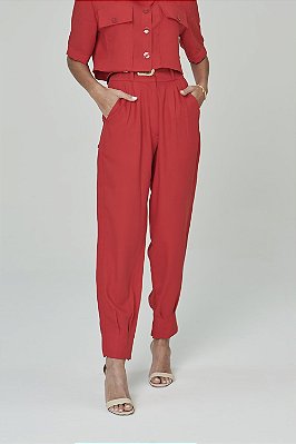 Calça Feminina Comfy c/ Pregas Vermelha Cereja