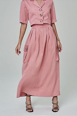 Saia Midi c/ Bolsos Laterais Rosa Seco