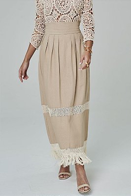 Saia Midi em Linho c/ Franjas Bege