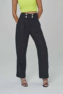 Calça Cintura Alta Reta c/ Bolso Faca em Linho Total Black