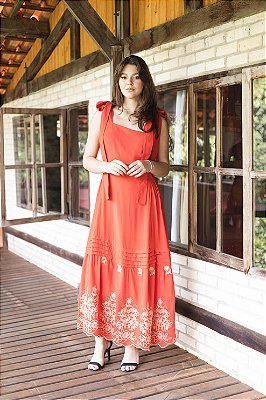 Vestido Longo Poppy-Red Vermelho, Tecido Fluído