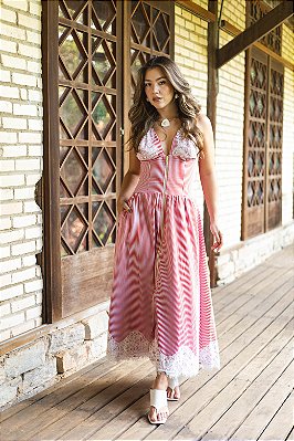 Vestido Mídi em Tricoline Listrado com Detalhe em Renda Chantilly