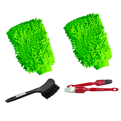 Kit Completo de Limpeza Automotiva Torquehammer - 4 Peças (Luvas de Microfibra ( cor aleatória ) + Escova de Rodas + Pincéis de Detalhamento)