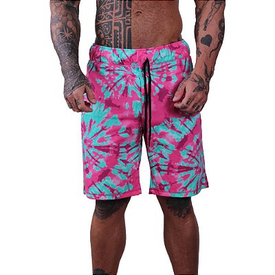 Bermuda Masculina Moletinho MXD Conceito Tie Dye Rosa Escuro e Verde Claro