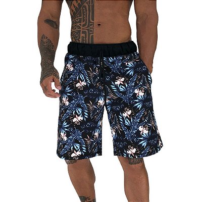 Bermuda Masculina Moletom MXD Conceito Azul Folhas e Flores
