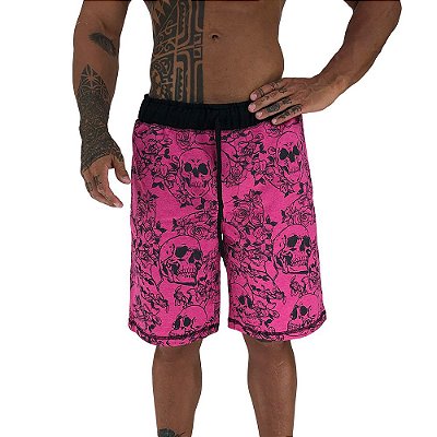 Bermuda Masculina Moletom MXD Conceito Caveiras e Rosas Rosa Fluorescente