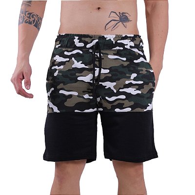 Bermuda Masculina Moletom MXD Conceito Bicolor Camuflado Verde e Preto