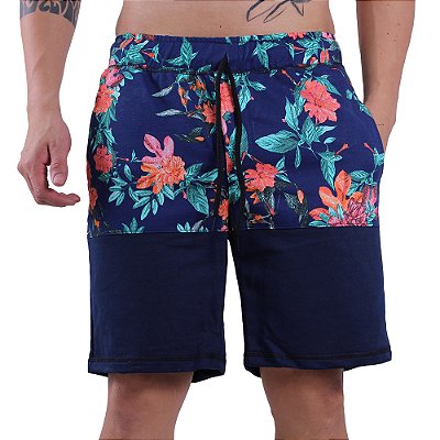 Bermuda Masculina Moletom MXD Conceito Bicolor Floral Marinho