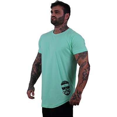 Camiseta Longline Masculina MXD Conceito Estampa Lateral Caveira Bigode e Óculos