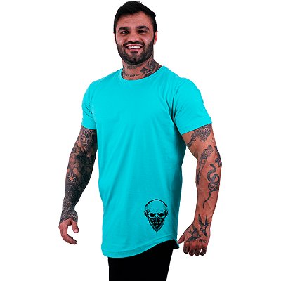 Camiseta Longline Masculina MXD Conceito Estampa Lateral Caveira Headphone e Máscara