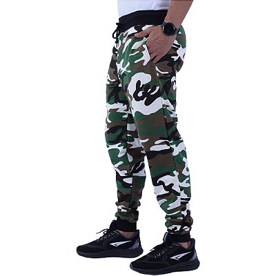 Calça Masculina Moletom MXD Conceito Camuflado Verde Detalhes Pretos