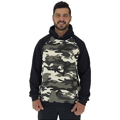 Blusa Moletom Masculino MXD Conceito Com Touca Camuflado Cinza Detalhes Pretos