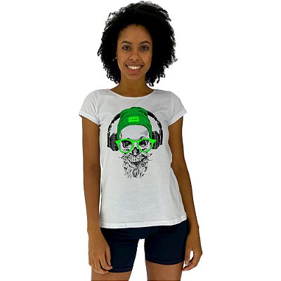 Camiseta Babylook Feminina MXD Conceito Caveira com Fone