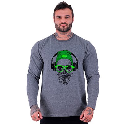 Camiseta Manga Longa Moletinho MXD Conceito Caveira De Headset