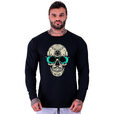 Camiseta Manga Longa Moletinho MXD Conceito Caveira Popstar Óculos Espelhado