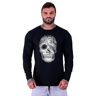 Camiseta Manga Longa Moletinho MXD Conceito Forest Skull Caveira Floresta