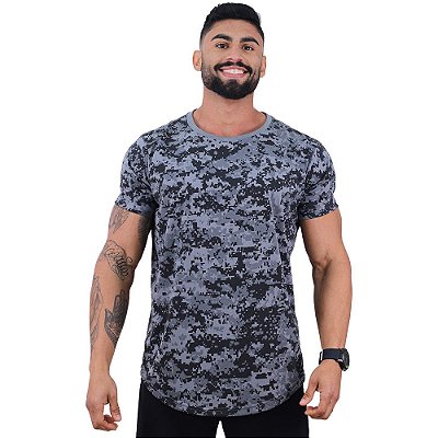 Camiseta Longline Malha PV Poliviscose Masculina MXD Conceito Camuflado Cinza Quadricular
