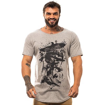 Camiseta Longline Masculina MXD Conceito Limitada Pássaro Escritas Japonesas