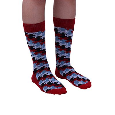 Meia Masculina Cano Alto Casual Fun Quebra Cabeça Colorido