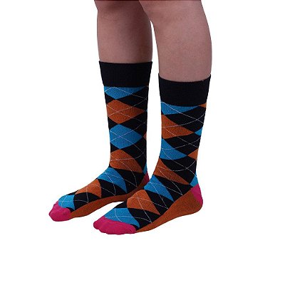 Meia Masculina Cano Alto Casual Fun Quebra Losangos Coloridos
