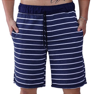 Bermuda Masculina Moletinho MXD Conceito Azul Marinho com Listras Brancas