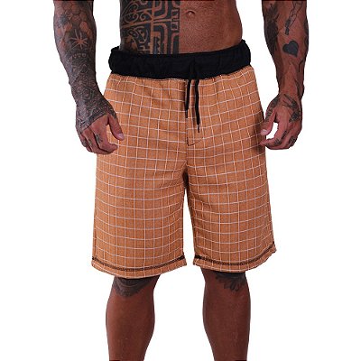 Bermuda Masculina Moletom MXD Conceito Quadriculado Marrom Claro