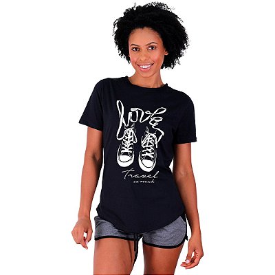 Camiseta Longline Feminina MXD Conceito Love Travel so Much Amo Muito Viajar