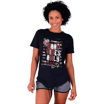 Camiseta Longline Feminina MXD Conceito Good Vibes Only Apenas Boas Vibrações